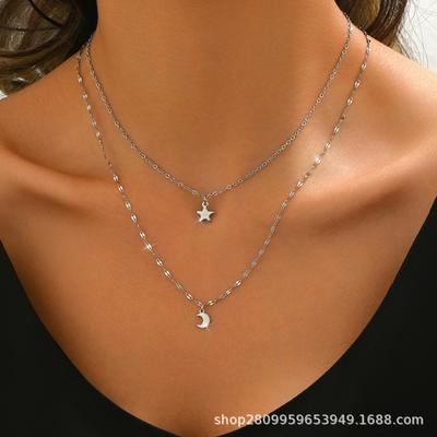 Ins Wind Star Moon Double Layer Titanium Steel Necklace Niche Women Fashion Personality Layered Collarbone Chain