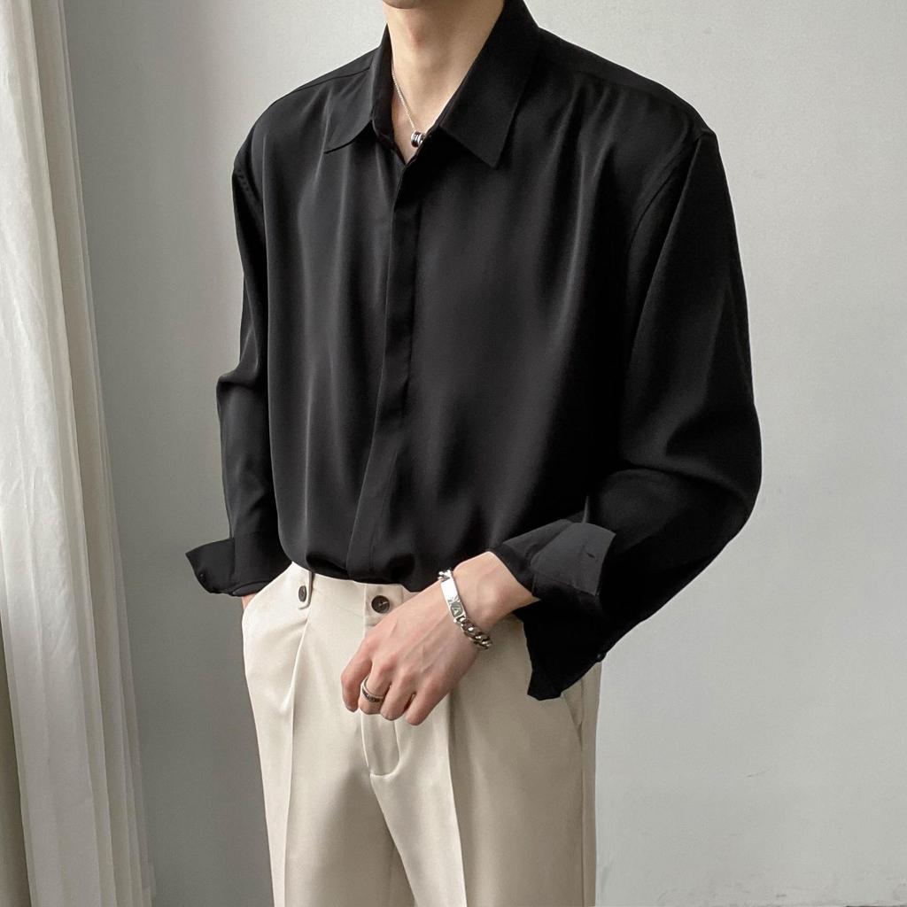 Men's Korean Style Ice Silk Long-Sleeve Summer Shirt - Casual, Loose, High-Drape, Light Mature Look