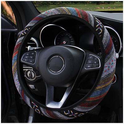 Automobile Linen Steering Wheel Cover With Ethnic Style No Inner Car Elastic Band Ring Steering Wheel Cover Fits 14.5-15Inches