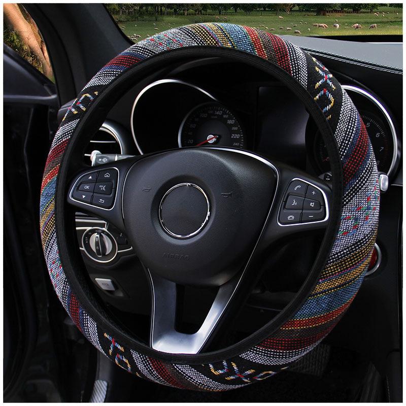 Ethnic-Style Car Steering Wheel Cover Linen Without Inner Ring Elastic Band Steering Wheel Cover 38cm Leather Car Cover Supplies