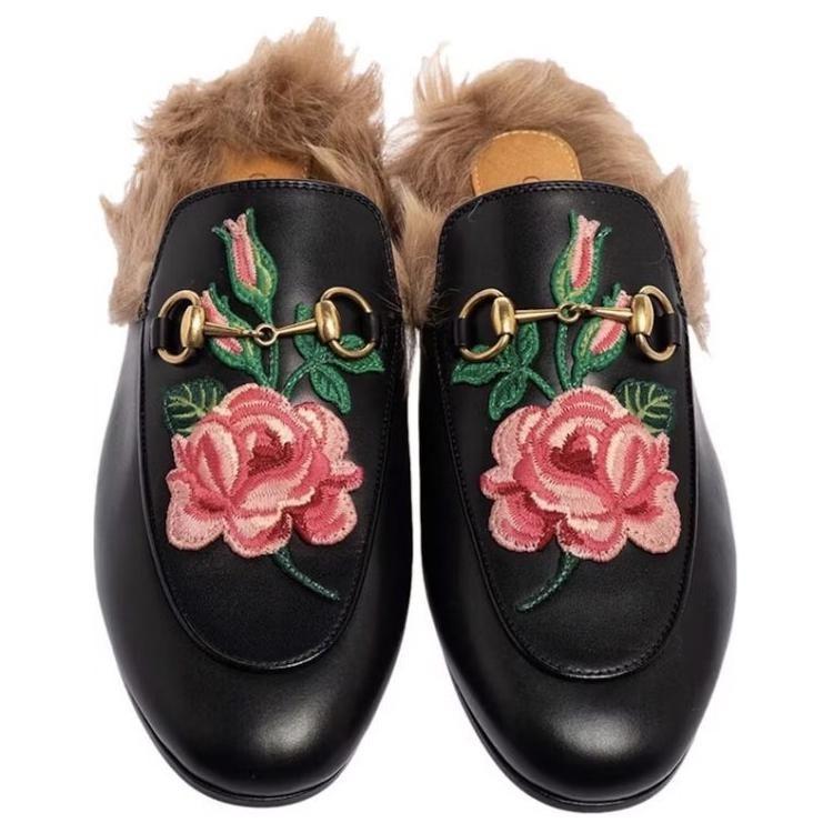 Gucci Floral Embroidered Princetown Mules Black Women's 448562 DKHH0 1063