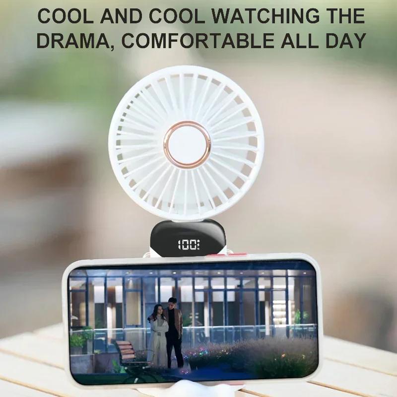 Portable Handheld Mini Fan Foldable Neck Hanging Fans 5 Speed USB Rechargeable Fan with Phone Stand and Display Screen 1800mAh