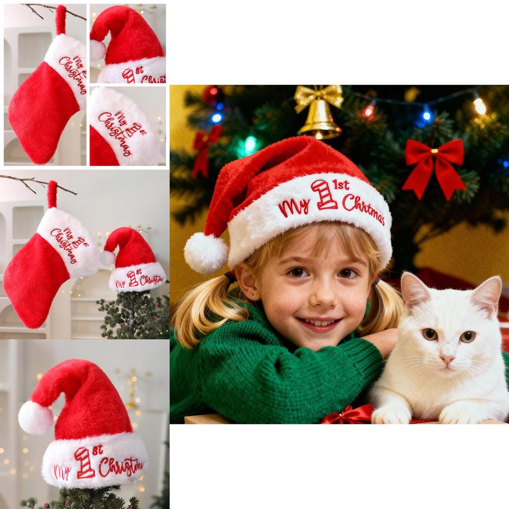 Christmas Plush Santa Hat And Stocking Set For Holiday Decor And Gift Bags