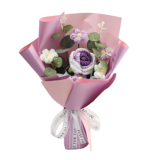 Crochet Flower Bouquet Handmade Completed Knitted Rose Puff Flowers for Valentine's Day Mother's Day