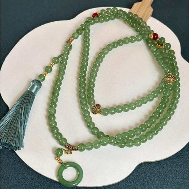 New Chinese Long Green Beaded Necklace Women'S National Style Messenger Chain Retro Temperament A Multi-Wear Sweater Chain Accessories