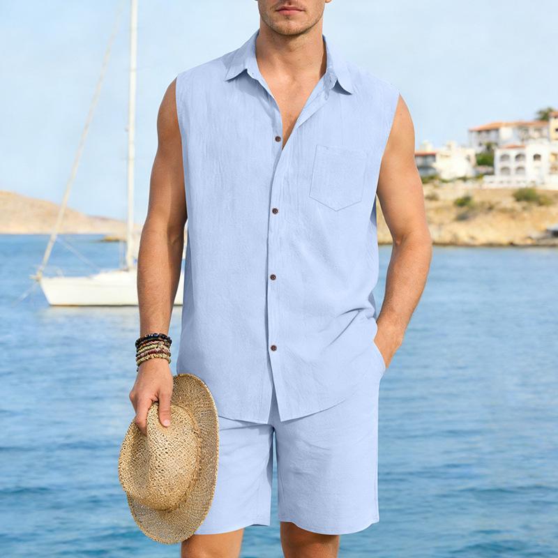 Men's European and American Linen Casual Short-Sleeve Button-Down Shirt & Vest Shorts Set