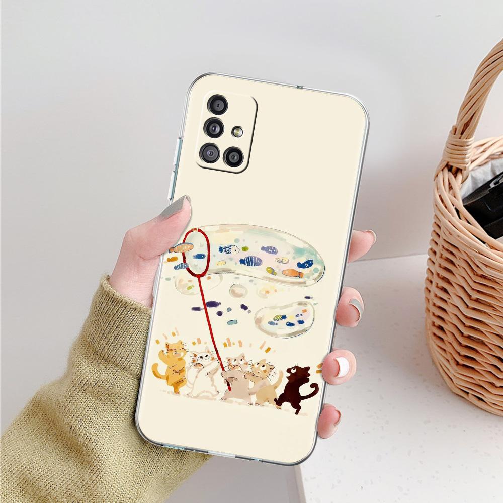 Phone Case For Samsung A15 A13 A35 A55 A51 A71 A41 A31 A21S A03S A05 A17 A23 A25 A33 A53 A73 5G A07 4G Clear Cover Cat Fishing