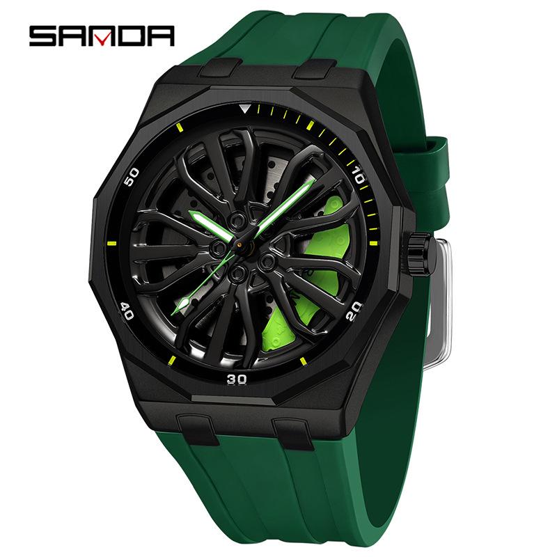 Sanda Men's Waterproof Alloy Car Wheel Design Silicone Wristwatch