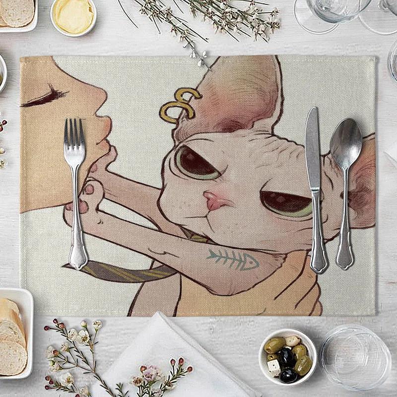 40x30cm Linen Cat Print Table Mat Cute Cat Cartoon Animal Pattern Placemats For Children Kids Kitchen Dining Place Mats Pads