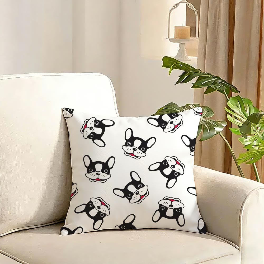 Cartoon French Bulldog Pattern Cushion Cover Reversible Plush Pillow Cover Soft Fluffy Home Decor for Sofa Bedroom