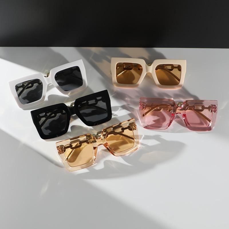 

5 Pcs Women s Square PC Glasses, Large Frame, Cutout Metal Chain Temples, For Street & Parties