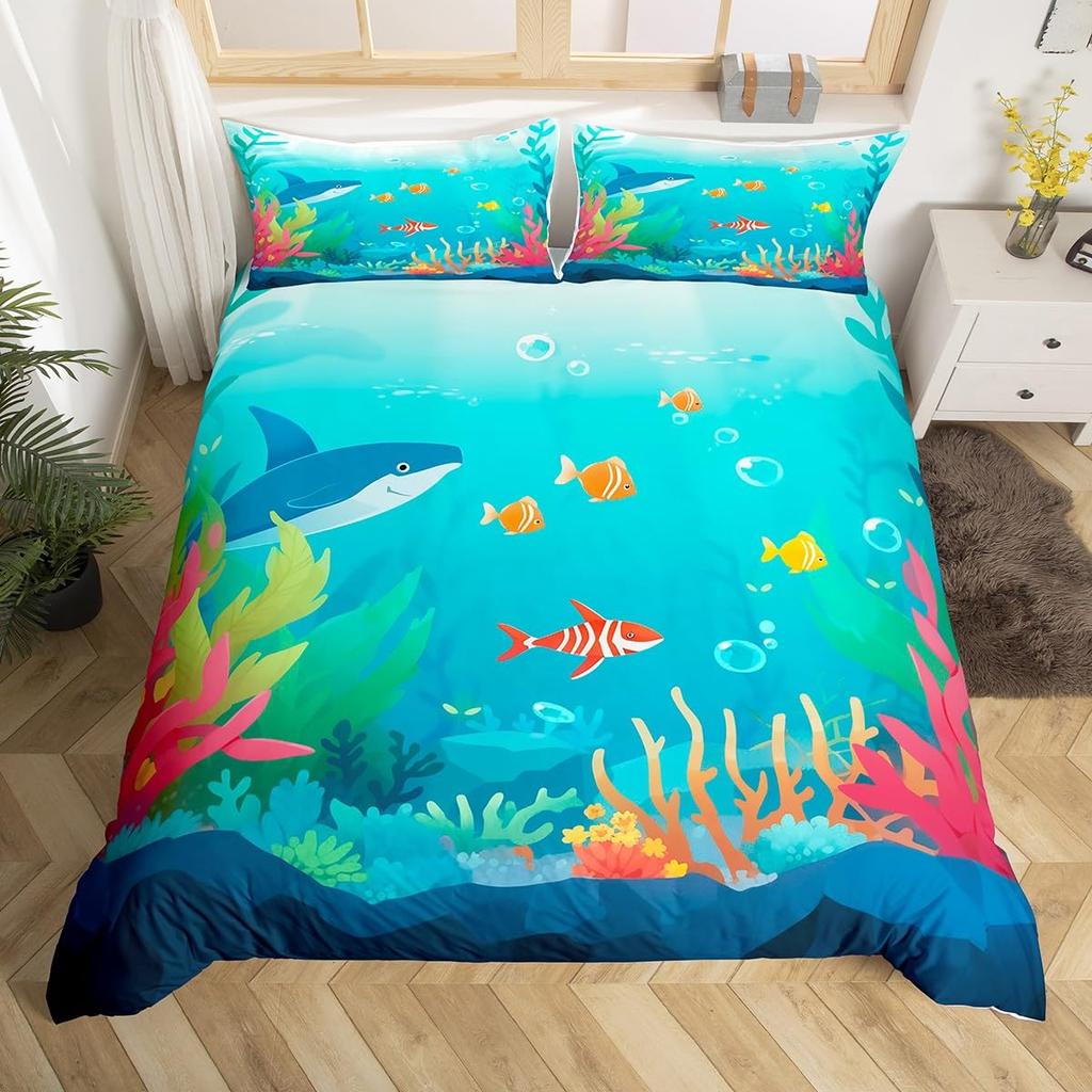 Shark Duvet Cover Queen Marine Life Comforter Cover Blue And White Cartoon Shark Bedding Set Nautical Ocean Theme Quilt Cover