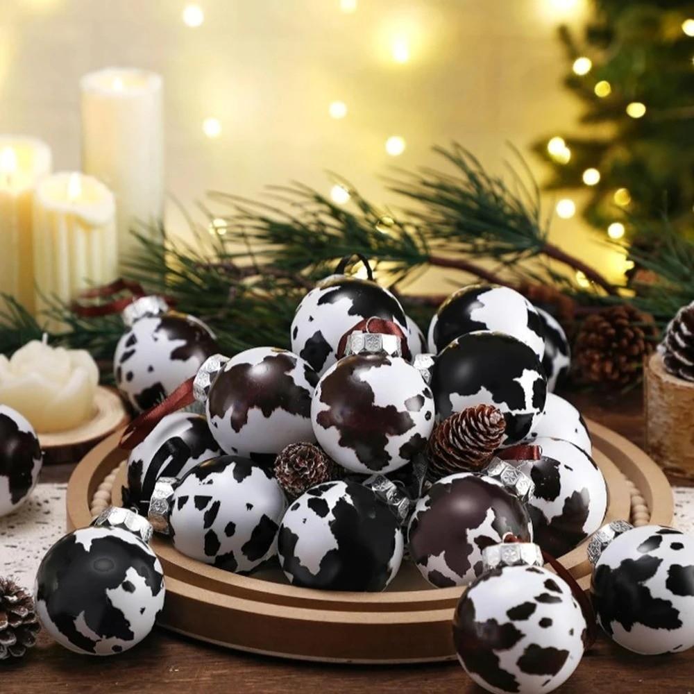 12/24Pcs Exquisite Cow Print Ball Christmas Tree Ornaments Shatterproof Western Cowboy Christmas Ball DIY 6CM Xmas Decorations