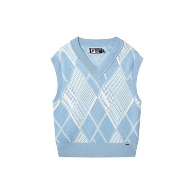 Sweter bez rękawów damski w kratę z dekoltem w serek, casualowy, dzianinowy, kolorowy-niebieski F11W247405F-LB