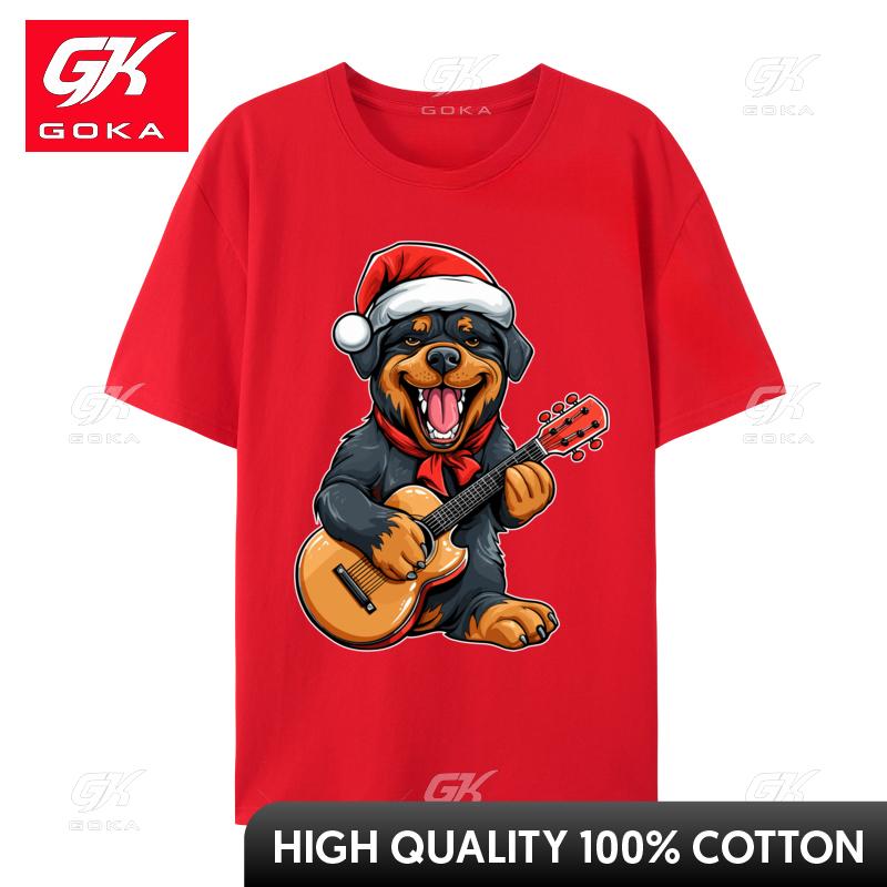 Rottweiler Dog Playing Guitar Christmas Santa Hat Xmas Tshirt for Unisex Casual Cotton Crew Neck Tshirt Graphic 3d Print S