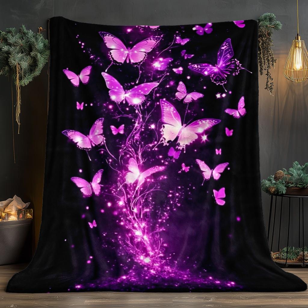 Purple Glowing Butterflies Magic Fantasy Flannel Blanket Soft Throw Blanket Mystical Design Bedroom Decor Gift for Her