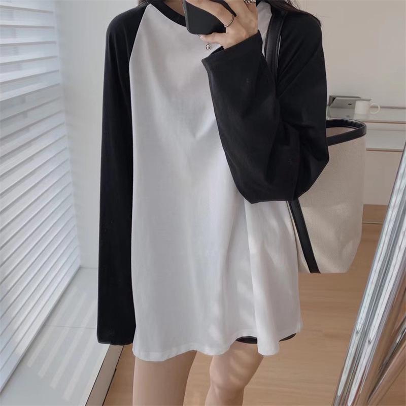 

Женская футболка с длинным рукавом и плечом реглан из чистого хлопка для осени, свободного повседневного ленивого стиля, средней длины, контрастный топ черного и белого цвета XXL белый