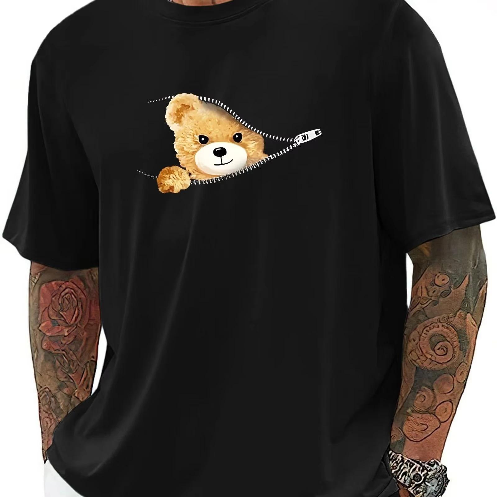 

Cartoon cute bear print summer 100% pure cotton comfortable top 2025 sporty comfortable round-neck short-sleeved T-shirt S