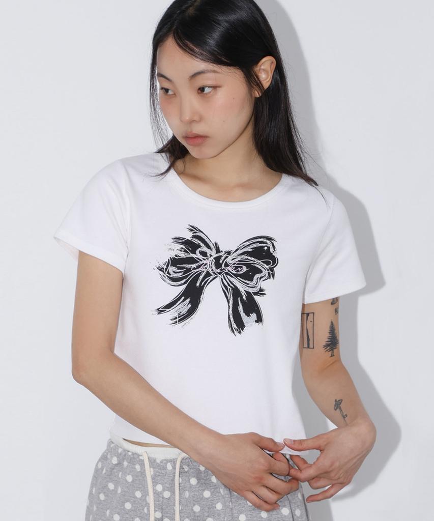 CHICKS Black Ribbon Crop Short Sleeve Tee White