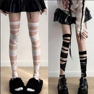 Japanese Lolita Black And White Bandages Filament JK Uniform Cross Strap Long Over The Knee Stockings