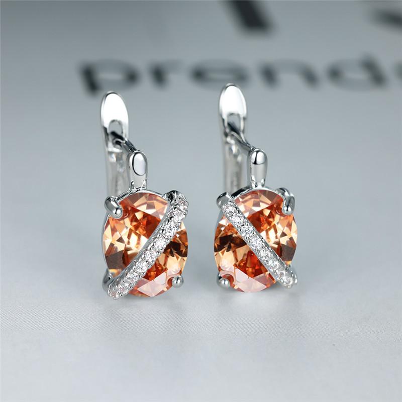 Cute Female Big Oval Stone Earrings Luxury Crystal Blue Purple Hoop Earrings Rose Gold Silver Color Wedding Earrings For Women