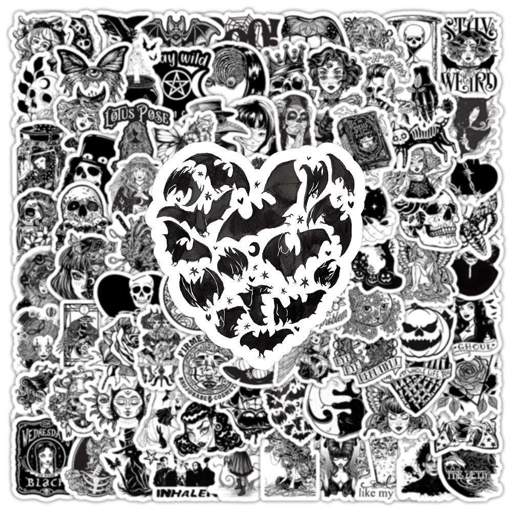 100Pcs Black And White Gothic Waterproof Graffiti Stickers For Helmet Bicycle Hand Account Pencil Case Decal Sticker Story Store