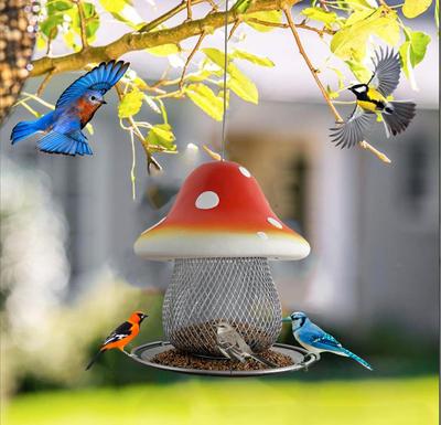 Hot Selling Durable Eco Friendly Resin Hanging Red Mushroom Bird Feeder for Outdoor Yard Hummingbird Decor
