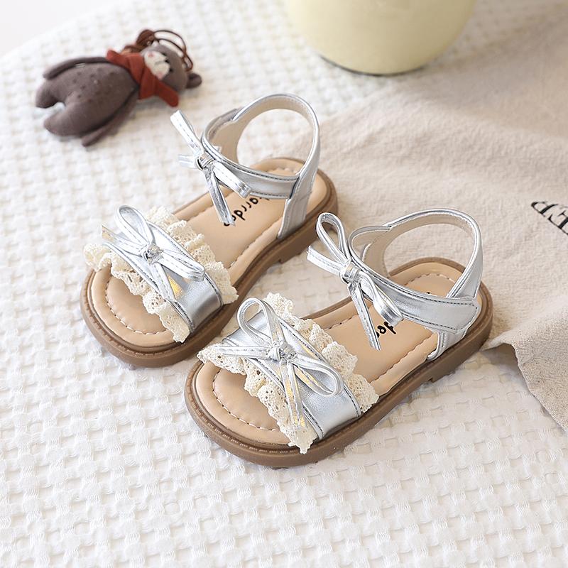 Girls' Sandals Super Pretty Lace-Edged Princess Shoes Soft Soles Fashionable Bow Beach Shoes Comfortable And Breathable