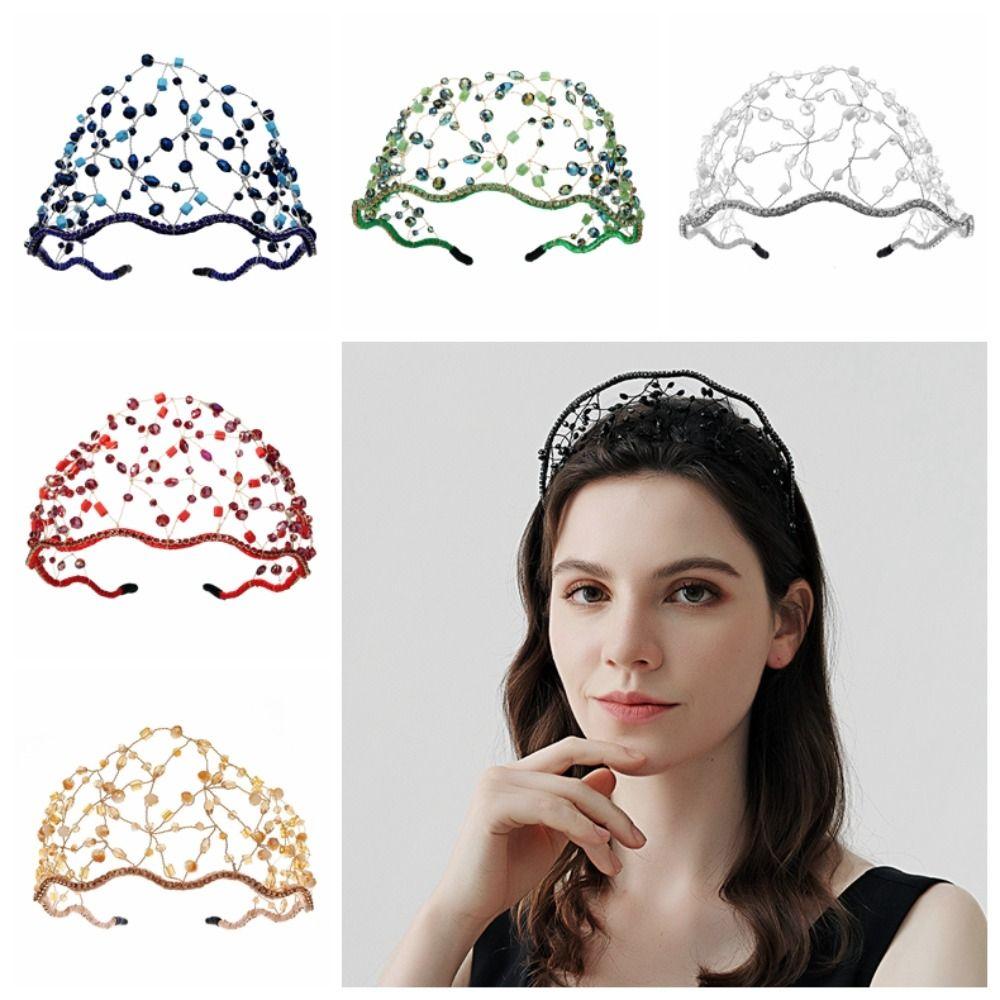 Handmade Crystal Beads Hair Net Crown Elegant Headbands Bride Hair Bands  Headdress