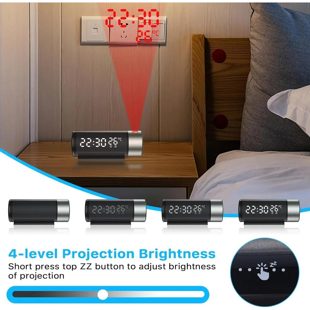 LED Projection Alarm Clock with 180° Projector 4 Brightness Levels 12/24H Format Ceiling Display and Temperature Function