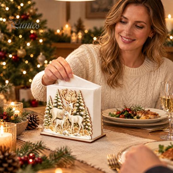 Sturdy Wood Tissue Holder Wooden Christmas Reindeer Napkin for Dining Table, Winter Forest Table Decor Theme Decorative Stand, Festive Kitchen