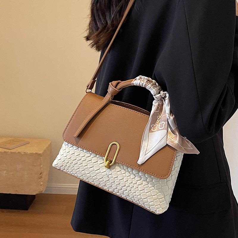 Fashion Popular Weave Women's Top-handle Bags Double Layer Versatile Lady Single Shoulder Crossbody Bag High-end Texture Small Square Bag with Scarf