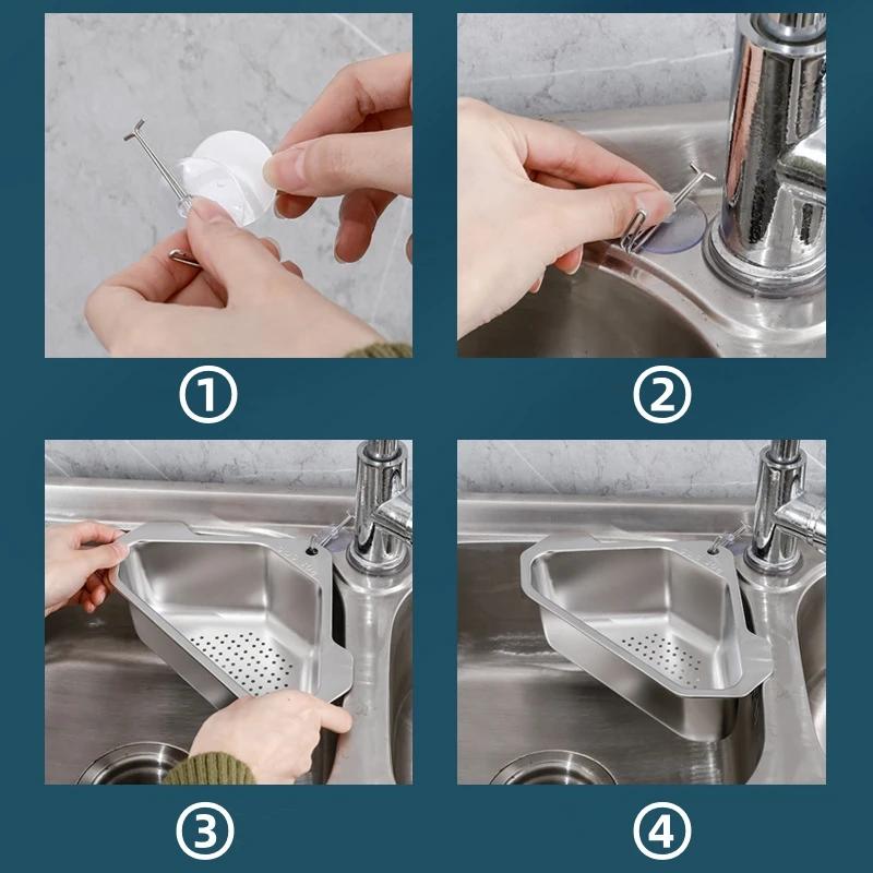 Stainless Steel Triangle Drain Basket Kitchen Sink Filter Shelf Fruit Vegetable Drainer Storage Rack Basket Bar with Suction Cup