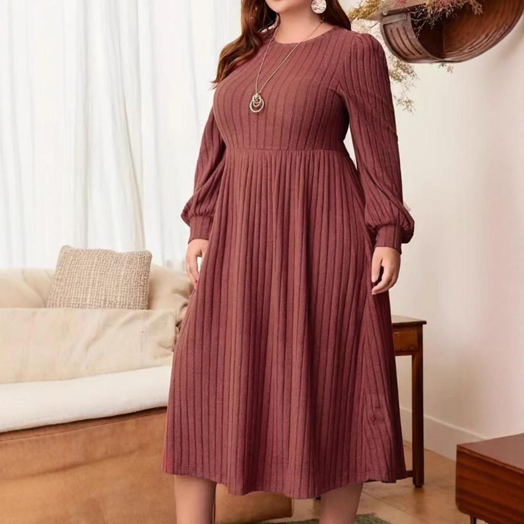 European 2025 Casual Plus Size Solid Color Ribbed Knit Dress for Women