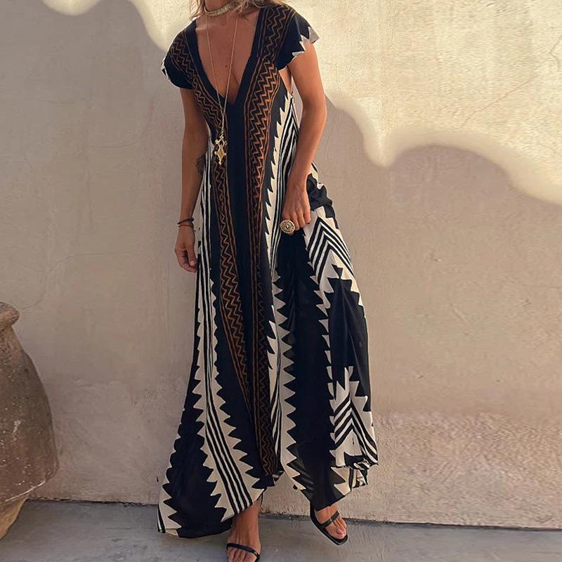 

Летние богемные женские длинные платья с коротким рукавом и V-образным вырезом, свободные длинные элегантные платья, женская мода, праздничная пляжная одежда для женщин XL чёрный