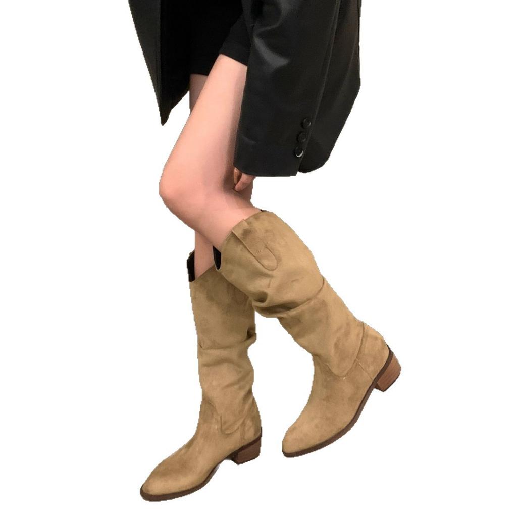 Retro Brown V-mouth Stack Medium Tube Knight Boots Women's Shoes 2025 Spring and Autumn Winter Pointed Western Cowboy~ Long Boots