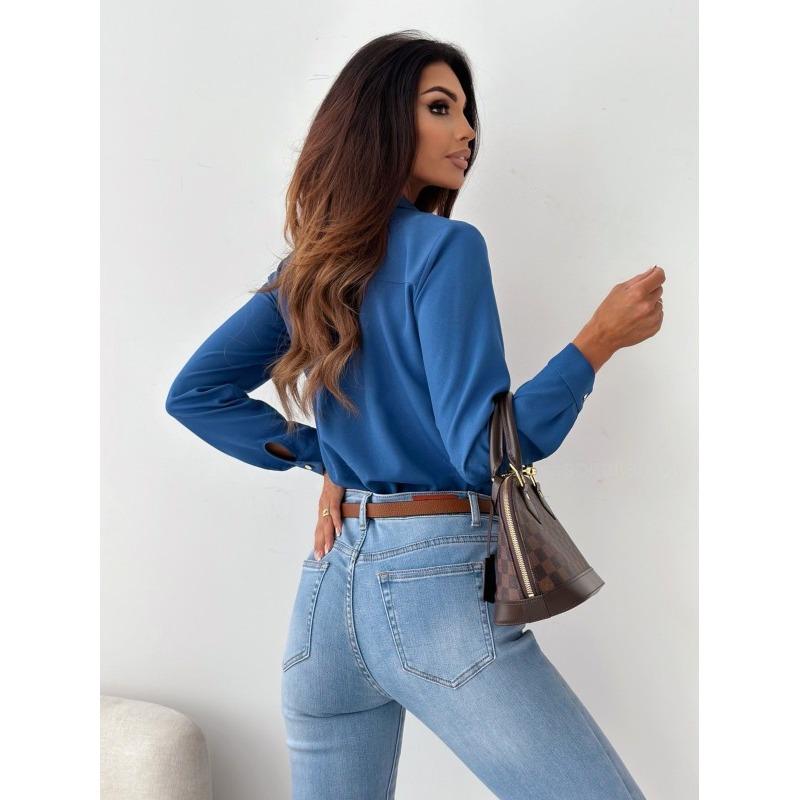 IHUASU Autumn Simple Solid Color V-neck Blouse Blouse for Women