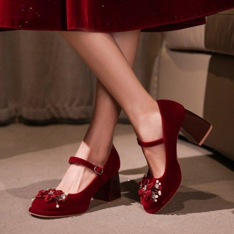 2026 Little Bride Wedding Shoes Block Heel High Heels Single Shoes