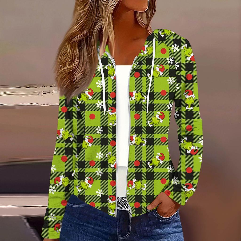 Women's Fashion Christmas Print Casual Zip-Up Long-Sleeved Hooded Jacket