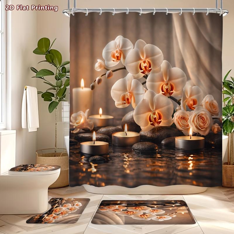 4Pcs Elegant Orchid Shower Curtain Set with Non-Slip Bath Mat, Toilet Lid Cover, Contour Rug & 12 Hooks, Bathroom Decor