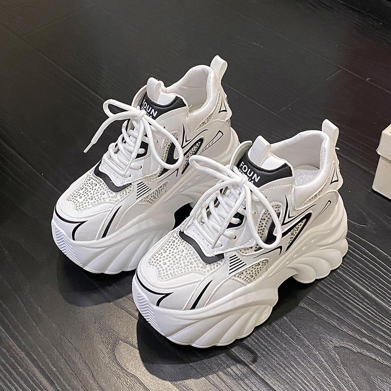 10CM Women Chunky Shoes 2025 Spring Thick Sole Ladies Stylish High Platform Sports Sneakers Outdoor Leisure Leather Dad Shoes