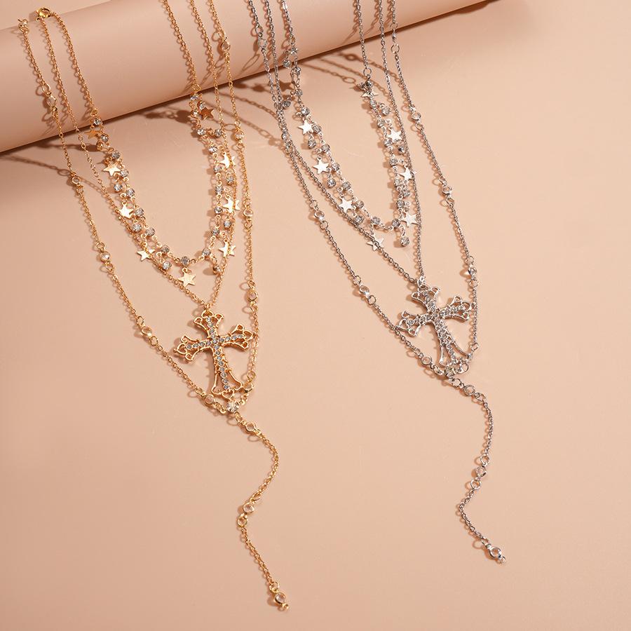 Rhinestone Cross Star Pendant Necklace Set for Women Crystal Y-shaped Necklace Y2K Party Jewelry Accessory