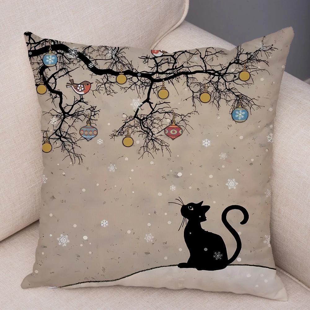Double Print Cute Elegant Black Cat Cushion Cover Decor Cartoon Animal Pillow Case for Sofa Home Car Soft Plush Throw Pillowcase