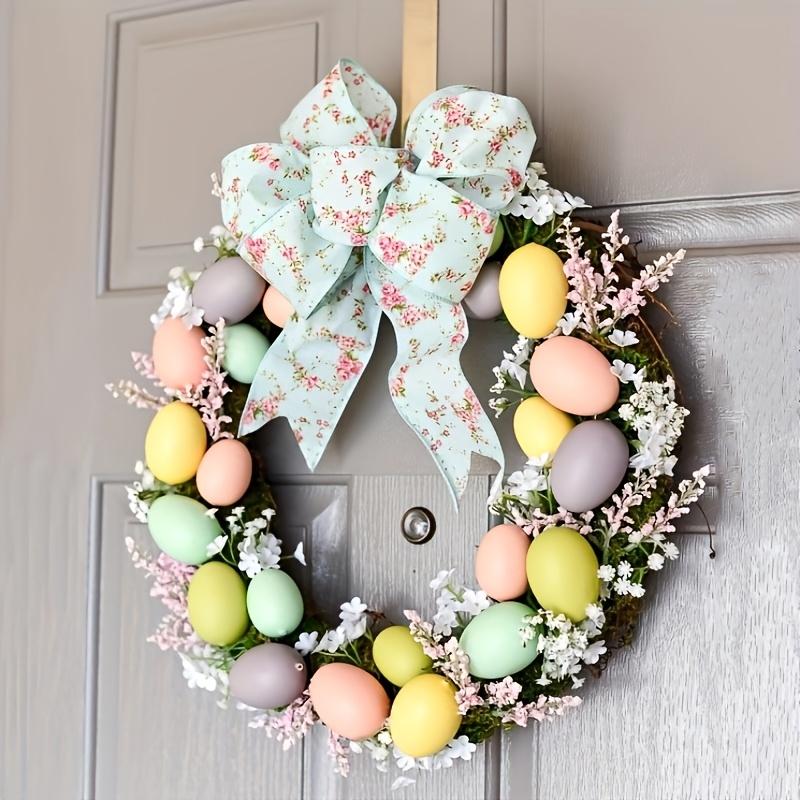 Easter Wreath with Bunny Theme, Plastic Egg Wall Hanging Decor for Front Door, No Electricity Needed, Featherless Suitable