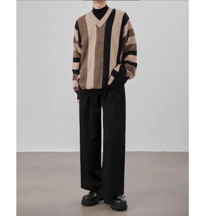 Men's Korean Style Striped V-Neck Autumn/Winter Loose Knit Color Block Pullover Sweater