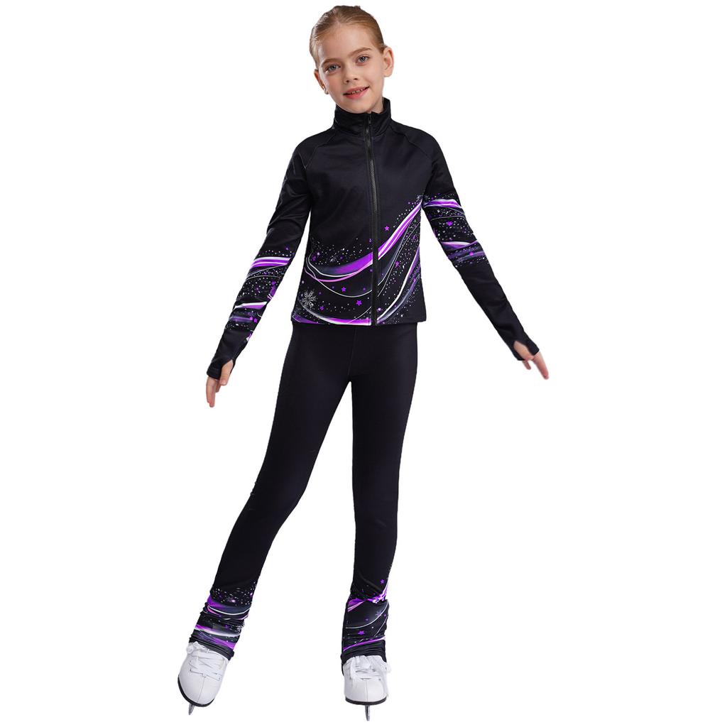 Girls Figure Skating Costume Stand Collar Long Sleeve Printed Jacket with Leggings for Dance