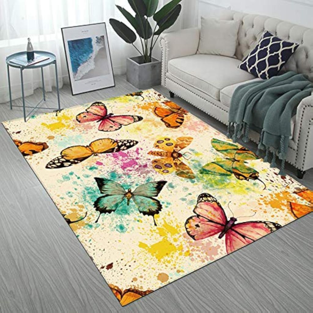 Beautiful Sunflowers and Blue Butterflies Pattern Area Rug,Modern Flannel Microfiber Non-Slip Floor Mat Carpet,