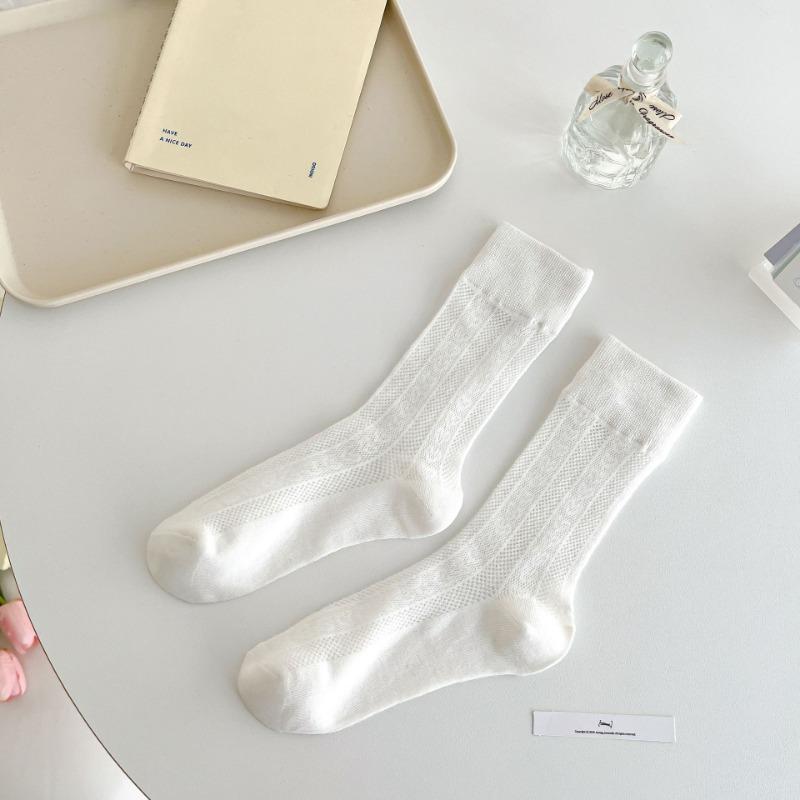 Female Summer Thin Pure Color Hollow Mesh Breathable In The Tube Pile Pile Cotton Socks