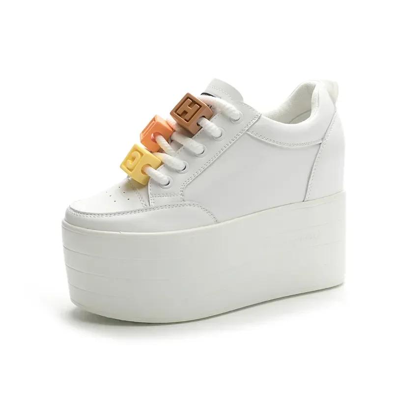 

12CM Cow Genuine Leather Women Autumn Spring Fashion Hidden Heels Ladies Color Platform Wedge Chunky Sneakers Thick Soled Shoes 33 белый