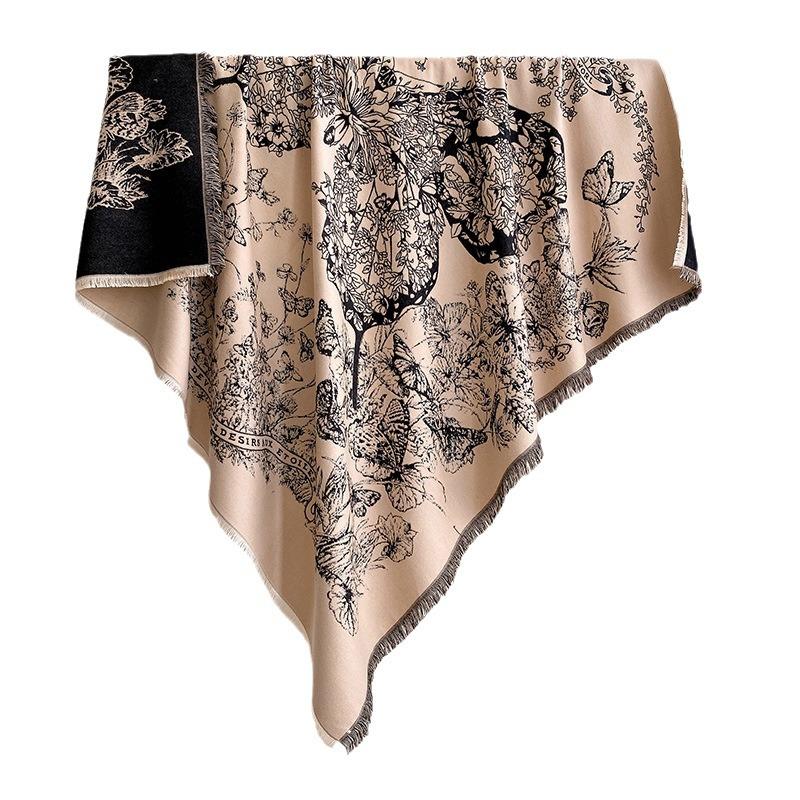 Retro Printed Butterfly Large Square Scarf Scarf Women'S High-End Gift Fashionable Versatile Outer Decoration Shawl Autumn
